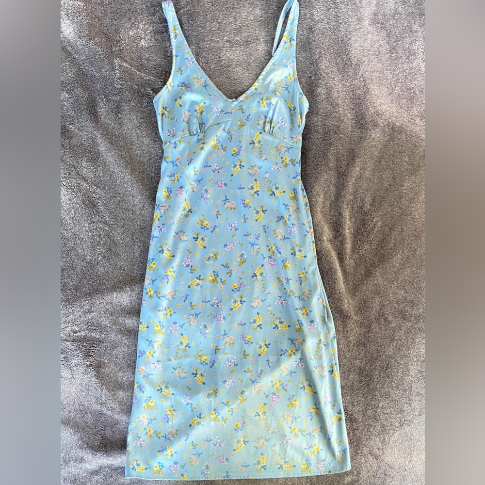 Hippie Rose Floral Light Blue Satin Midi Dress Adjustable